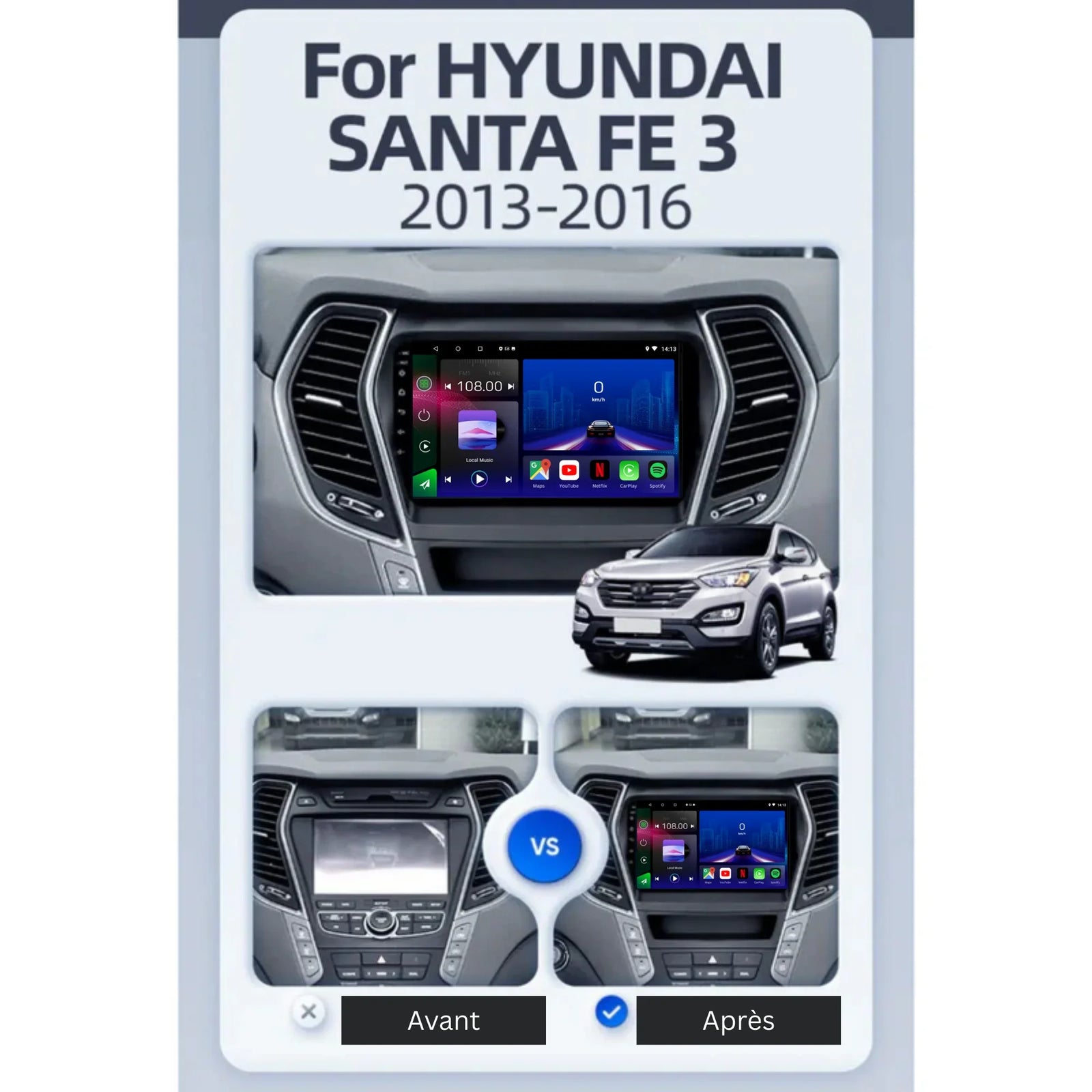 Hyundai Santa Fe 3 | 2013-2016 | Android 13 Autoradio | Apple CarPlay | Android Auto - TechVoyage